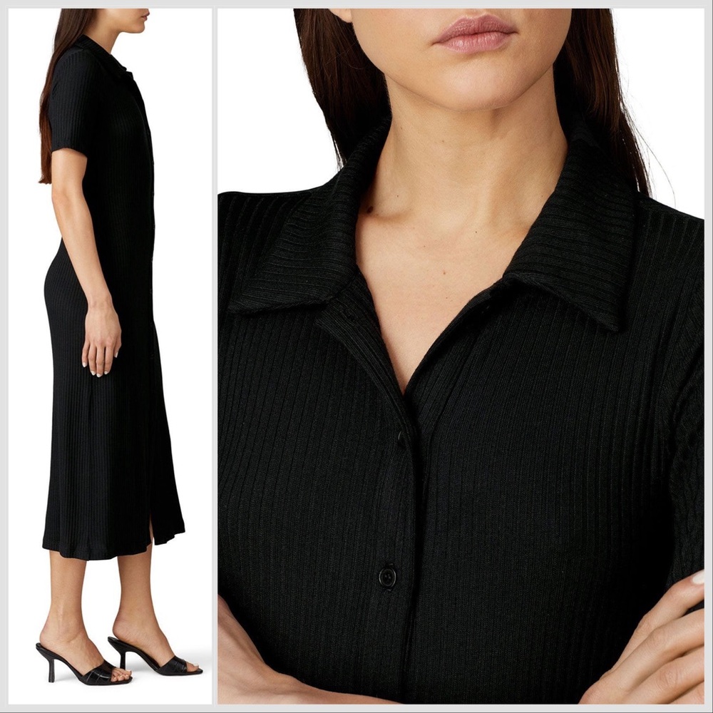 Reformation Black Ribbed Button-Front Midi Dress - Picture 2 of 13
